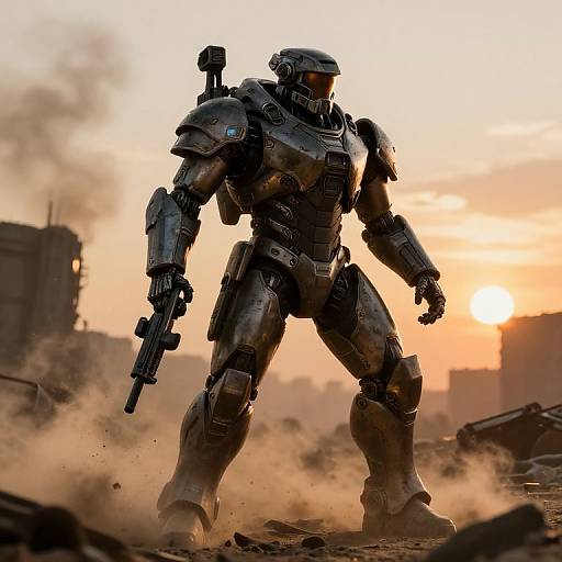 Cybernetic Soldier in Post-Apocalyptic Wasteland