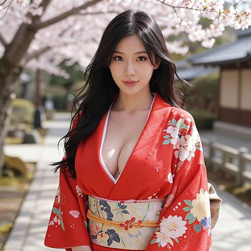 Photograph of an attractive Asian woman with long black hair, wearing a red floral kimono with deep V-neck, standing in a sunlit cherry blossom