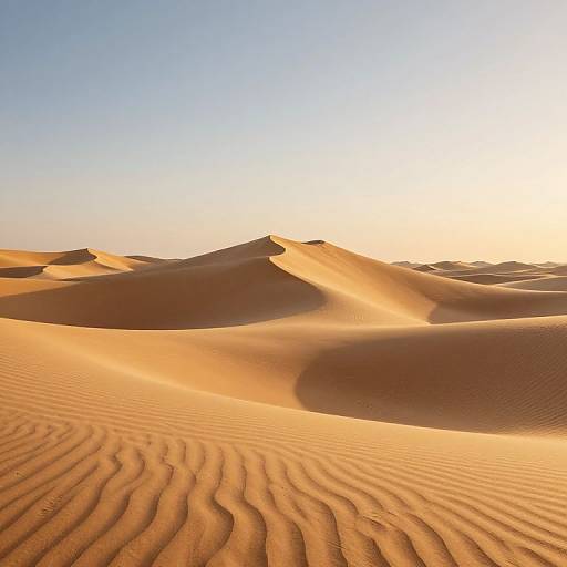 Photograph of a desert landscape with rippled, golden sand dunes under a clear blue sky during sunset, casting warm, soft shadows.