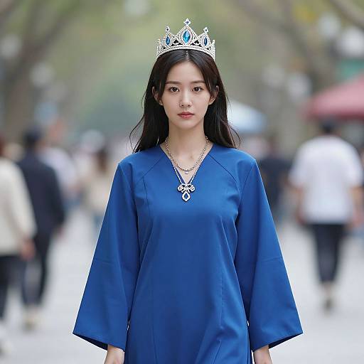 Photograph of an Asian woman with long black hair, wearing a silver tiara, blue dress, and necklace, standing in a blurred urban park.
