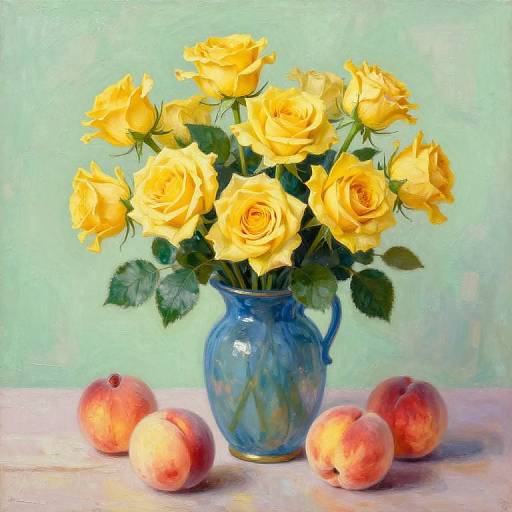 Vibrant photograph of yellow roses in a blue ceramic vase, surrounded by four pink peaches, against a soft green background.