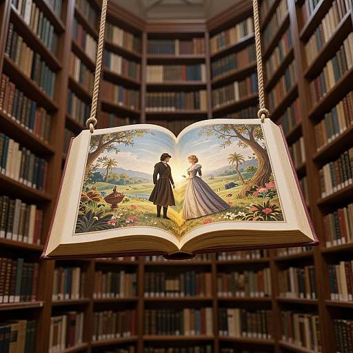 Illustration of an open book with two Victorian-era women in dresses, standing in a sunlit garden, hanging from a library ceiling.