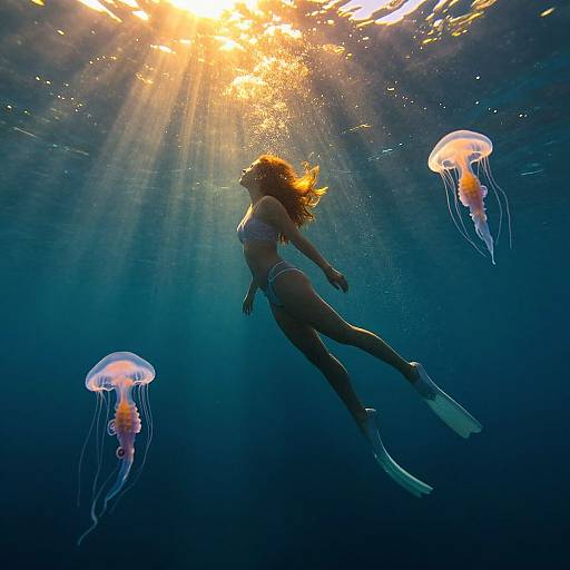 Photograph of a woman with long hair, wearing a bikini and flippers, swimming underwater surrounded by glowing jellyfish, sunlight illuminating from above.