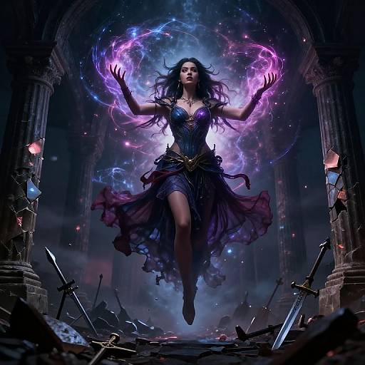 Digital artwork of a powerful, dark-haired sorceress with glowing purple and blue magical rings, floating mid-air in a ruined, sword-strewn