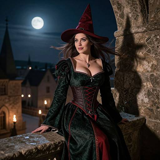 Photograph of a beautiful woman in a black, velvet witch dress and pointed hat, standing on a stone ledge at night, under a full moon,