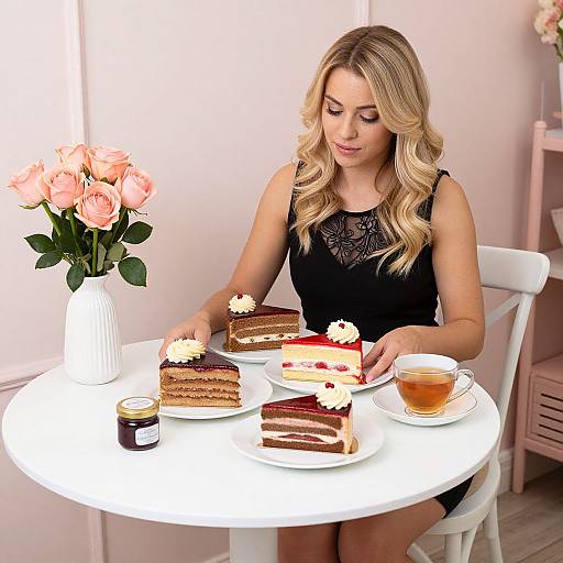 Photograph of a blonde woman with wavy hair, wearing a black lace dress, eating cake with whipped cream at a white table, accompanied by a