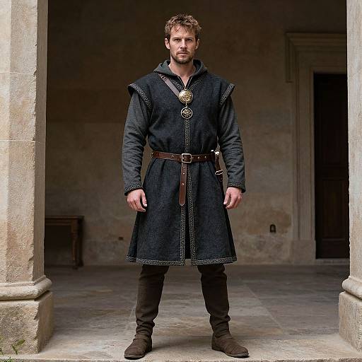 Photograph of a bearded man in a medieval-style black tunic with silver trim, brown belt, and boots, standing in a dimly lit