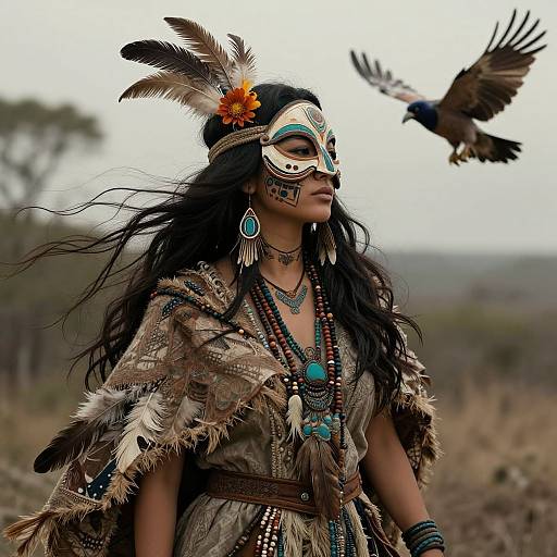 Photograph of a Native American woman with long black hair, wearing a feathered mask, traditional beaded clothes, and turquoise jewelry, standing outdoors with