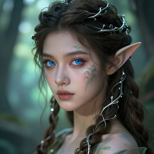 Digital fantasy portrait of a young, elf-like woman with striking blue eyes, pointed ears, braided brown hair, and tree branch crown in a mystical