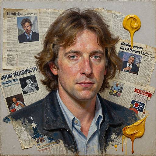 Photorealistic portrait of a man with wavy brown hair, blue eyes, wearing a blue shirt and black jacket, against a wallpapered background of