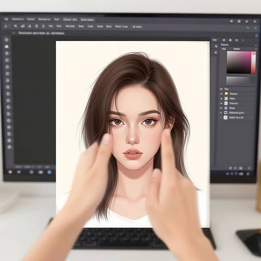Digital illustration of a young woman with brown hair, fair skin, and brown eyes, centered on a digital painting software interface. Two hands adjust the image