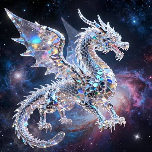 Digital artwork of a glowing, crystal-like dragon with blue and white hues, set against a vibrant, star-filled cosmic background.