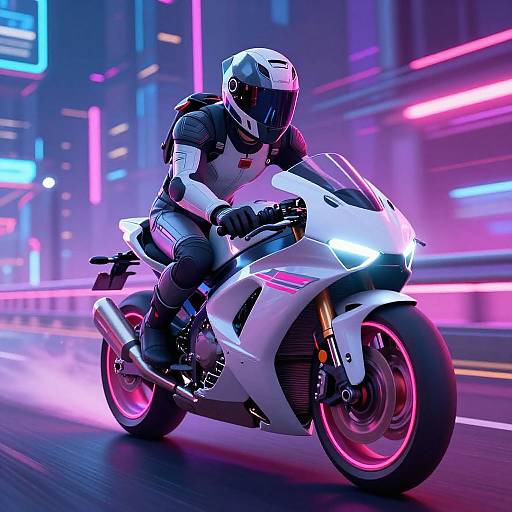 Cyberpunk motorcycle rider in neon-lit city, wearing white and black armor with a black helmet, riding a glowing white sport bike.