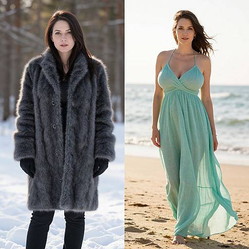 Side-by-side photograph of a woman: left, in a gray fur coat and black pants in snowy woods; right, in a sheer mint green dress
