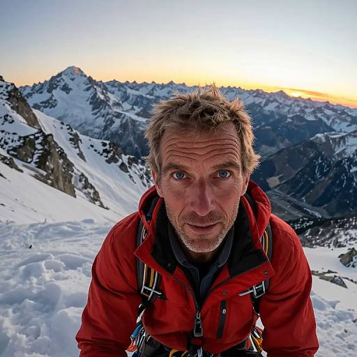 Photograph of a middle-aged, ruggedly handsome man with spiky blonde hair, blue eyes, and a red jacket, gazing intensely at the