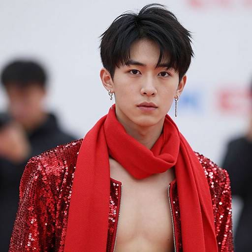Photograph of an East Asian male with black hair, wearing a red sequined jacket, red scarf, and dangling earrings, standing in a blurred outdoor
