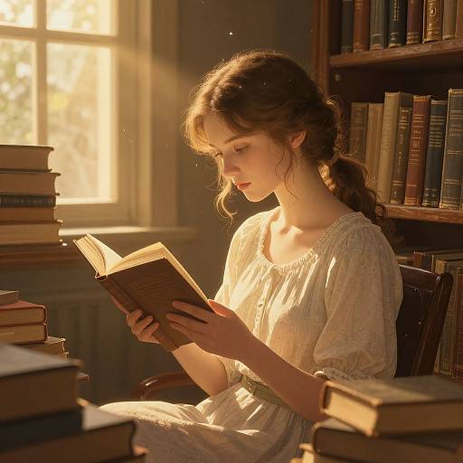 Photograph of a young woman with fair skin and brown hair in a braid, reading a book in a sunlit library, wearing a white,