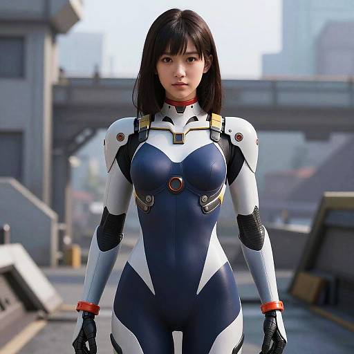 Digital artwork of an Asian woman with black hair in a tight, blue and white futuristic bodysuit, standing in an urban, industrial background. She