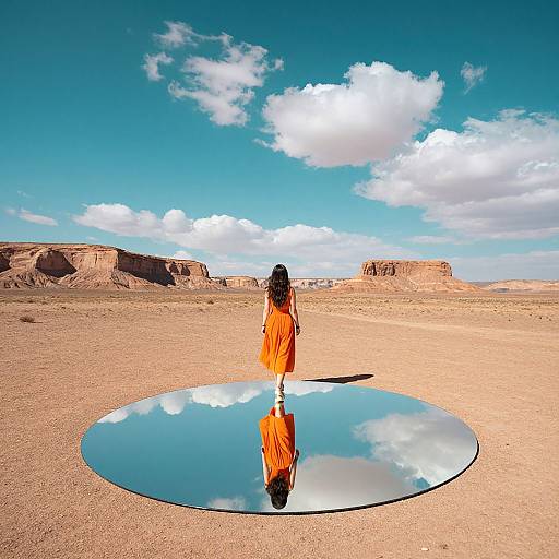 Photograph of a woman with long, dark hair in an orange dress standing on a desert plain, reflected in a circular mirror, with blue sky and