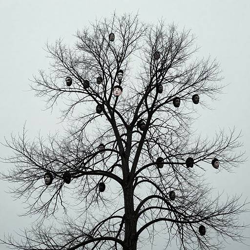 Silhouetted, leafless tree with dark, bare branches and scattered black berries against a stark white sky. Minimalist, high-contrast photograph