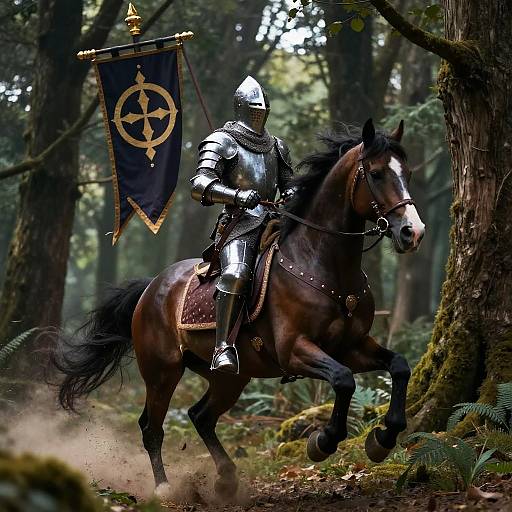 Medieval knight in shining armor riding a brown horse, holding a black banner with a gold pentagram, in a dense, misty forest. Photograph