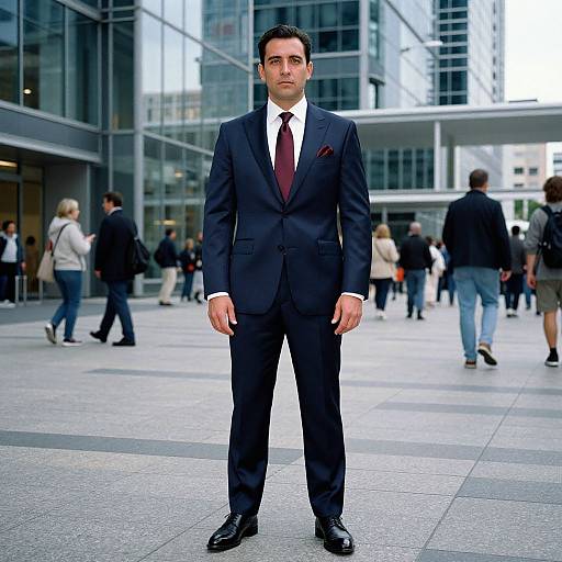 Photograph of a serious, dark-haired man in a black suit, white shirt, and maroon tie, standing in a busy urban plaza with glass