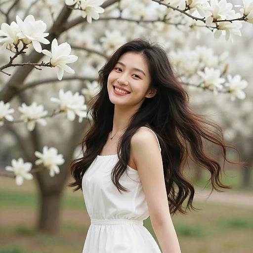 Joyful Woman Among Blooming White Flowers