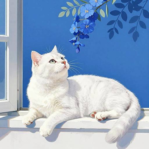 Minimalist White Cat on Blue Windowsill