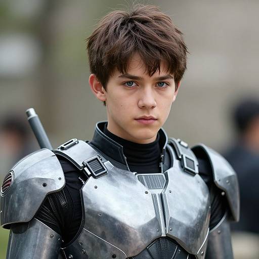 Photograph of a young man with brown hair and blue eyes, wearing shiny, metallic, medieval-style armor, with a blurred outdoor background.