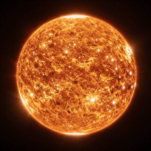 Photograph of a bright, fiery sun with intricate, orange, glowing textures and numerous white stars against a black background.
