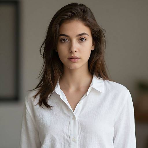 Photograph of a young woman with medium-length dark brown hair, wearing a crisp white button-down shirt, standing indoors with a neutral background.