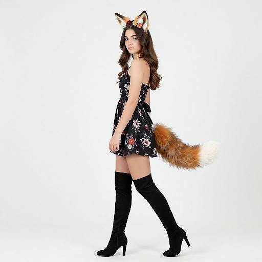 Photograph of a woman with brown hair, fox ears, and tail, wearing a black floral dress, thigh-high boots, and floral headband,