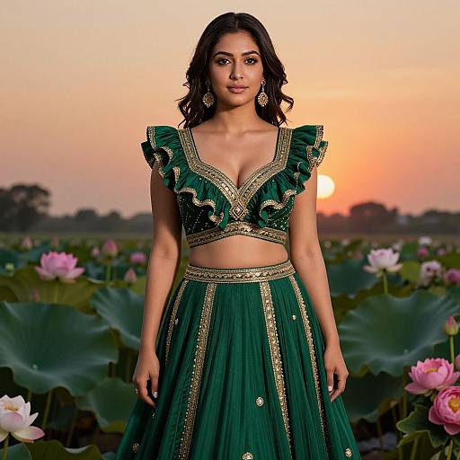 Photograph of a beautiful South Asian woman with dark hair in an emerald green, gold-embellished traditional outfit, standing in a lotus