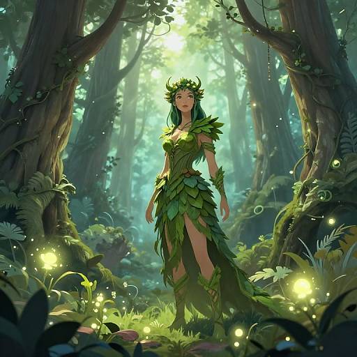 Digital fantasy artwork of a green-haired fairy woman with a leafy dress and crown, standing in a luminous, enchanted forest.