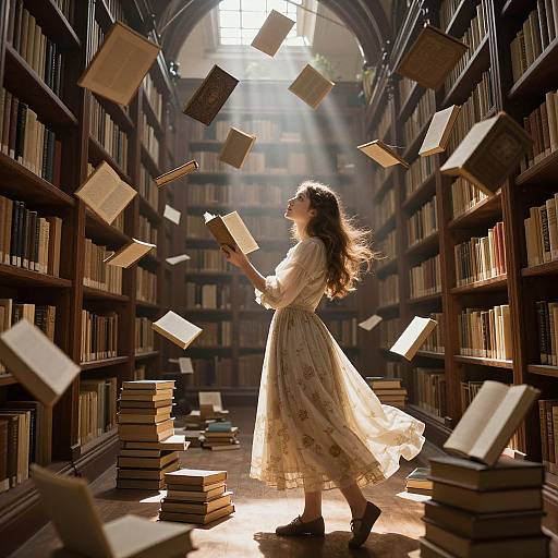 Photograph of a woman in a flowing white dress, hair flowing, books magically floating around her in a sunlit, grand library.