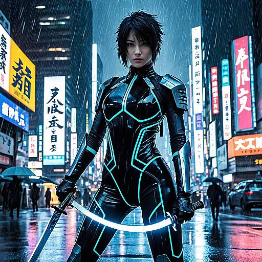 Cyber Ninja with Energy Katana in Rainy City