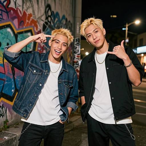 Photograph of two young, blonde, Caucasian men with spiked hair, wearing denim jackets and white shirts, posing with thumbs up at night in front of