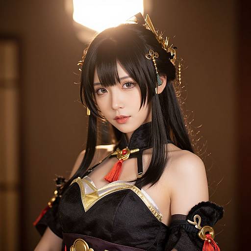 Photograph of an East Asian woman with long black hair, wearing an elaborate black and gold cosplay outfit, adorned with golden horns and red tassels