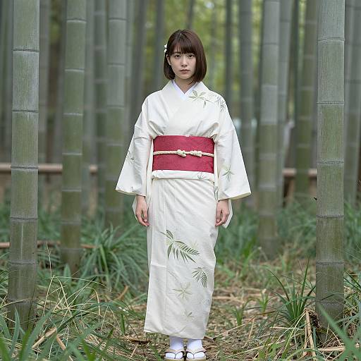 Young Woman in White Kimono in Bamboo Forest