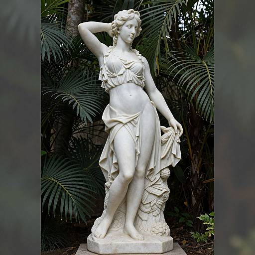 Photograph of a white marble statue of a pregnant, Greco-Roman style goddess with flowing drapery, raised arm, and lush palm trees