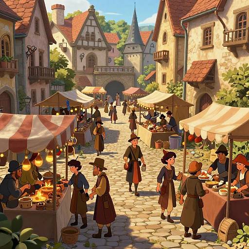 Vibrant digital illustration of a medieval market town with cobblestone streets, vendor stalls, cloaked people, and rustic buildings under a sunny blue
