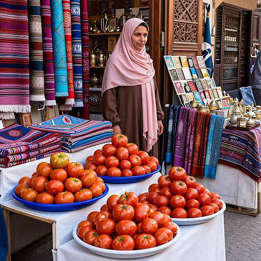 Photograph of a Middle Eastern market stall with a smiling woman in a pink hijab and brown robe, standing beside vibrant, patterned textiles and three