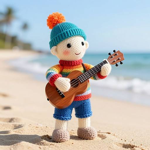 Knitted Musician Puppet on Beach