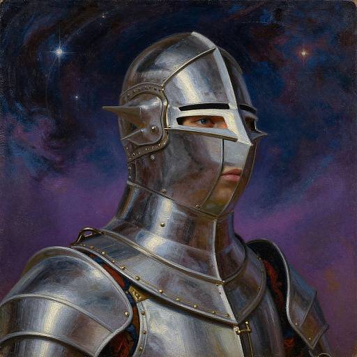 Digital painting of a medieval knight in shiny, reflective armor with a visor covering his face, set against a starry, cosmic purple and blue background