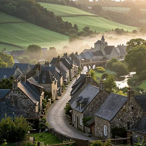 Photograph of a picturesque English village with stone cottages, winding cobblestone street, misty morning, green rolling hills, and a distant church