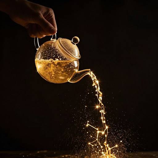 Photograph of a hand pouring sparkling golden liquid from a shimmering glass teapot against a dark black background, with sparkling droplets trailing from the sp