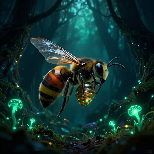 Photorealistic digital artwork of a glowing, detailed bee with iridescent wings, hovering over bioluminescent mushrooms in a dark, enchanted forest
