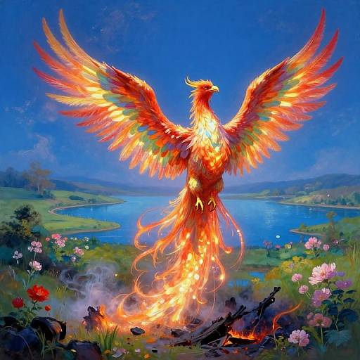 Digital painting of a vibrant, flaming phoenix with large, colorful wings standing on a rocky hill, surrounded by a blue lake, green hills, and colorful