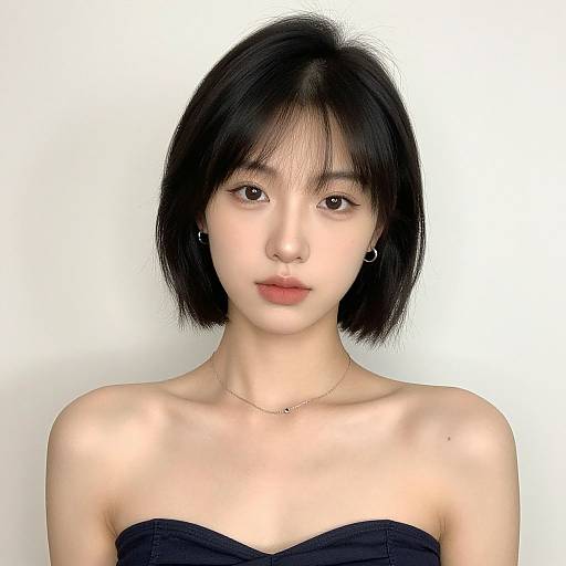Photograph of an East Asian woman with short black hair, fair skin, small hoop earrings, and a strapless black top, against a plain white