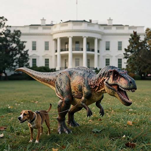 Dinosaur on Leash Outside White House